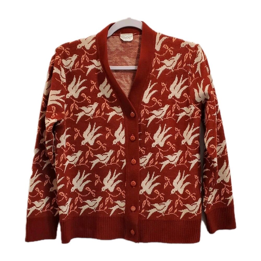 Vintage Camela Cardigan Sweater Orange Dove Bird Print Button Up Small